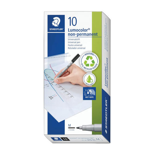 Staedtler 315 Lumocolor Non-Permanent Black Pen - Medium Tip 0.8mm, 315-9 Pack of 10