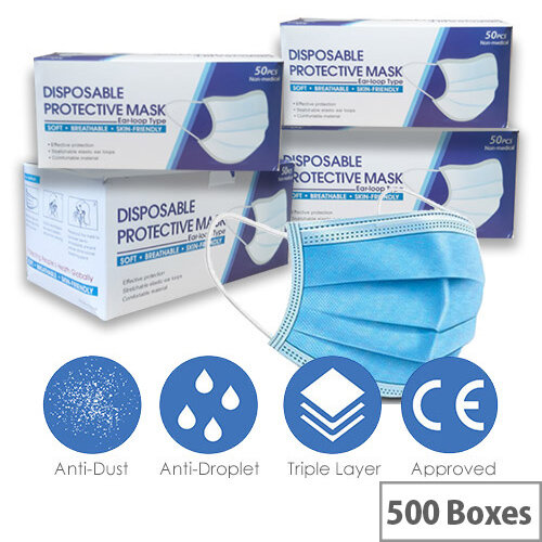 Disposable 3 Ply Protective Mask With Ear Loop 500 Boxes of 50 Masks Ref:HA4814001 Disposable 3 Ply Protective Mask With Ear Loop 500 Boxes of 50 Masks Ref:HA4814001
