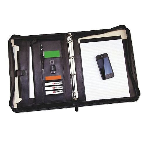Monolith 2924 Black Leather Zipped Conference Folder - 4-ring stylish conference folder - Internal pockets for unpunched paper, discs and business cards, space for A4 pad Monolith 2924 Black Leather Zipped Conference Folder - 4-ring stylish conference folder - Internal pockets for unpunched paper, discs and business cards, space for A4 pad