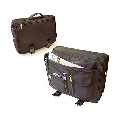 Monolith Expanding Flapover Microfibre Material Black Laptop Bag - Padded carry handle and detachable shoulder strap - Extensive organiser section under front flap Monolith Expanding Flapover Microfibre Material Black Laptop Bag - Padded carry handle and detachable shoulder strap - Extensive organiser section under front flap