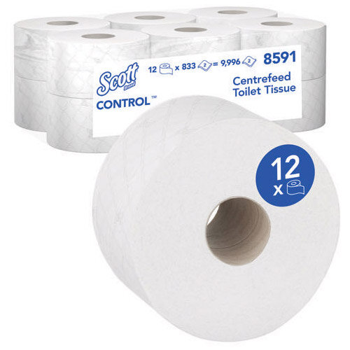 Scott Pack of 12 Control Toilet Tissue Centrefeed Roll 2Ply 833 Sheets 8591