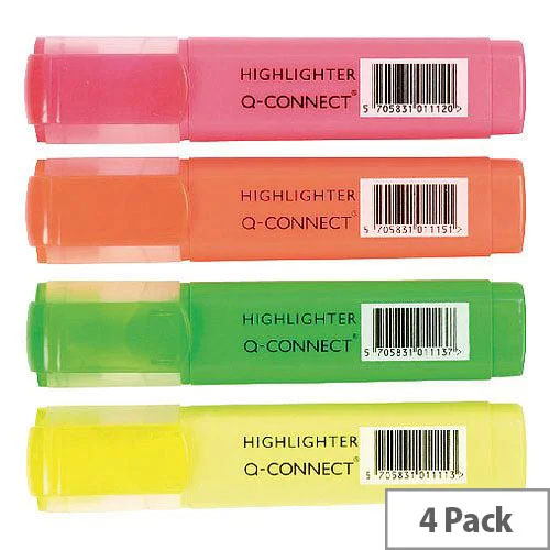 Q-Connect Highlighter Pens Assorted Colours Wallet Pack of 4 KF01116 Q-Connect Highlighter Pens Assorted Colours Wallet Pack of 4 KF01116