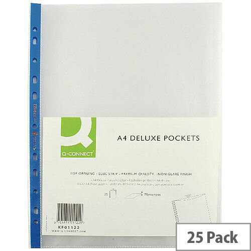 Q-Connect Punched Pocket A4 Deluxe Top-Opening Blue Strip 75 Micron Pack of 25 KF01122