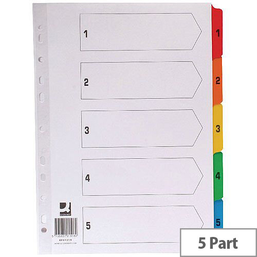 Index A4 Multi-Punched 1-5 Reinforced Multi-Colour Numbered Tabs Q-Connect KF01518