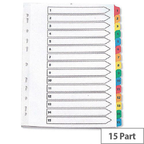 Index A4 Multi-Punched 1-15 Reinforced Multi-Colour Numbered Tabs Q-Connect KF01520