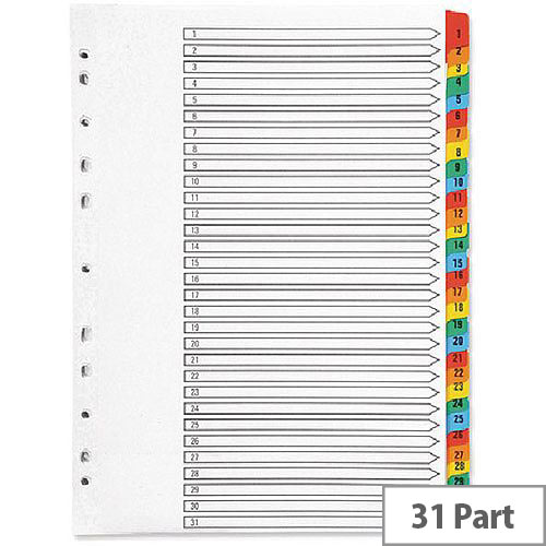 Q-Connect Index A4 Multi-Punched 1-31 Reinforced Multi-Colour Numbered Tabs – Eco-Friendly, Mylar Tabs, Compatible With A4 Products & Space For Labelling (KF01522)