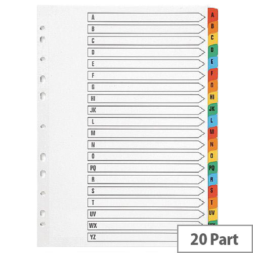 A-Z Index A4 Multi-Punched 20-Part Reinforced White Multi-Colour Tabbed Q-Connect KF01523