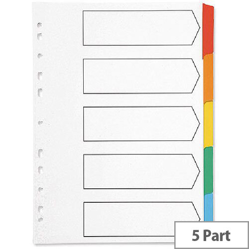 Index A4 Multi-Punched 5-Part Reinforced Multi-Colour Blank Tabs Q-Connect – Eco-Friendly, Labelling, Referencing, Works With A4, Mylar-Coated & Durable (KF01525)