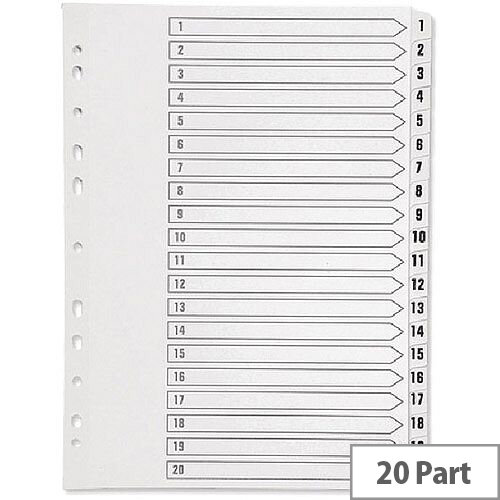 Index A4 Multi-Punched 1-20 Reinforced White Board Clear Tabbed Subject Dividers Q-Connect KF01531