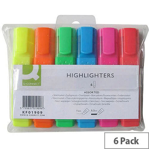 Q-Connect Highlighter Pens Assorted Colours Wallet Pack of 6 KF01909