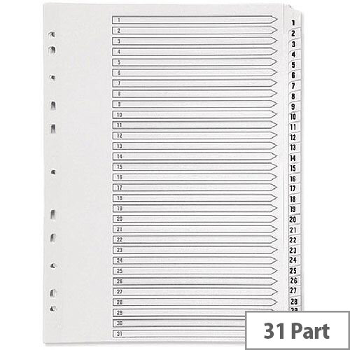 Index A4 Multi-Punched 1-31 Reinforced White Board Clear Tabbed Subject Dividers Q-Connect KF01936