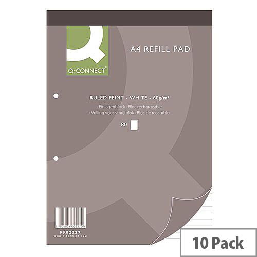 Refill Pad A4 Ruled Feint Punched 2-Hole Head Bound 80 Leaf 10 Pack Q-Connect