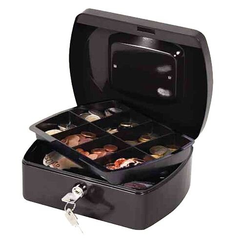 Q-Connect Compact Cash Box Black – 8 Inch, Key Lock, 8 Coin Compartments, Metal Handle, 2 Keys, Removable Tray 196x155x87mm (KF02602)