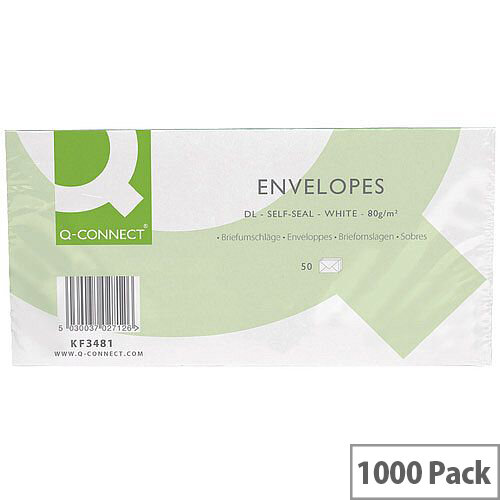 Q-Connect Envelope DL 80gsm White Self-Seal 20 Pack of 50 Envelopes KF02712 Q-Connect Envelope DL 80gsm White Self-Seal 20 Pack of 50 Envelopes KF02712