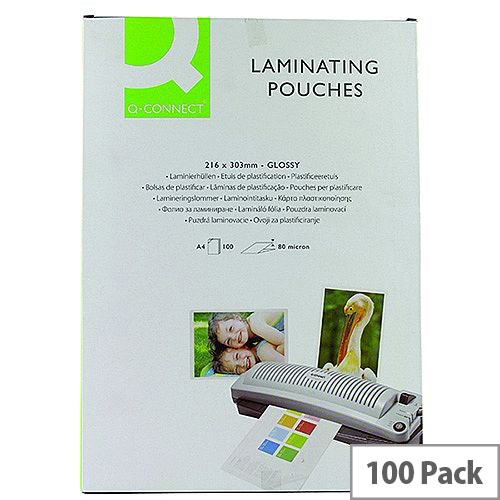 Q-Connect Laminating Pouches A4 Pack Of 100 - 80 Microns Each Side (160 Microns In Total). Ideal For Posters, Photos, Signage, Notices &More. Q-Connect Laminating Pouches A4 Pack Of 100 - 80 Microns Each Side (160 Microns In Total). Ideal For Posters, Photos, Signage, Notices &More.