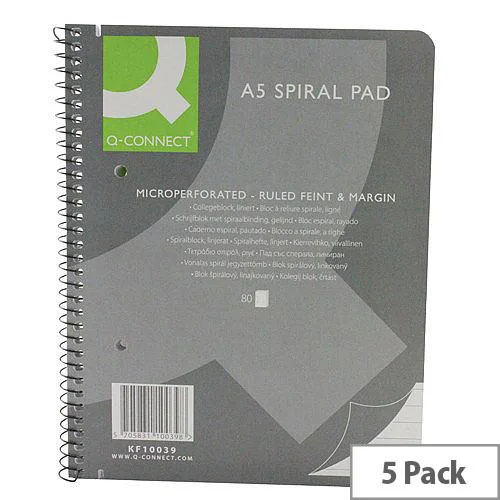 Q-Connect Spiral Pad Executive A5+ - 160 Pages, 80 Leaves, Ruled Feint And Margin, 75gsm Paper, Easily Remove Sheets, Micro Perforated &5 Pack (KF10039) Q-Connect Spiral Pad Executive A5+ - 160 Pages, 80 Leaves, Ruled Feint And Margin, 75gsm Paper, Easily Remove Sheets, Micro Perforated &5 Pack (KF10039)