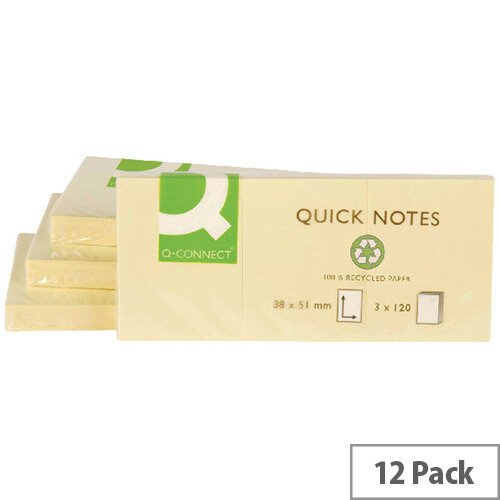 Q-Connect Recycled Yellow Sticky Notes 38 x 51mm 120 Sheet Pack 12 Q-Connect Recycled Yellow Sticky Notes 38 x 51mm 120 Sheet Pack 12