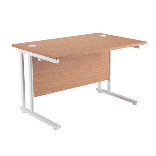 1200mm Wide White Leg Rectangular Office Desk in Beech With Cable Ports - Cable Management System, 25mm Desktop & Metal-To-Metal Fittings (KF838897)