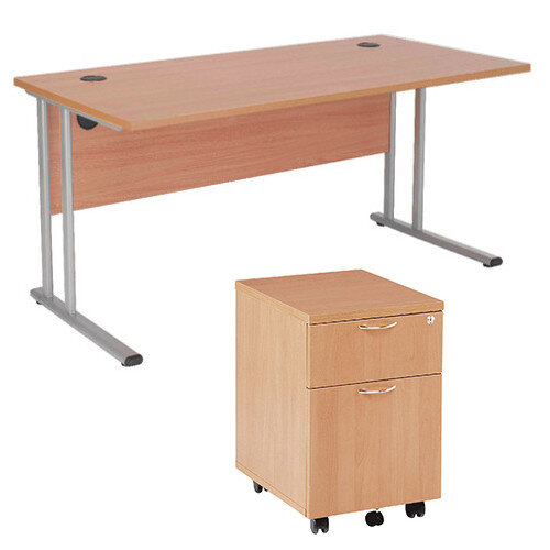 BUNDLE OFFER Rectangular 1600mm Wide Office Desk in Beech With 2 Drawer Pedestal – Cable Management, Floor Levellers, 25mm Thickness &Cantilever (KF839246) BUNDLE OFFER Rectangular 1600mm Wide Office Desk in Beech With 2 Drawer Pedestal – Cable Management, Floor Levellers, 25mm Thickness &Cantilever (KF839246)