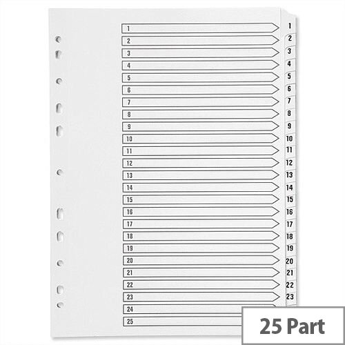 Index A4 Multi-Punched 1-25 Reinforced White Board Clear Tabbed Subject Dividers Q-Connect KF97056 Index A4 Multi-Punched 1-25 Reinforced White Board Clear Tabbed Subject Dividers Q-Connect KF97056