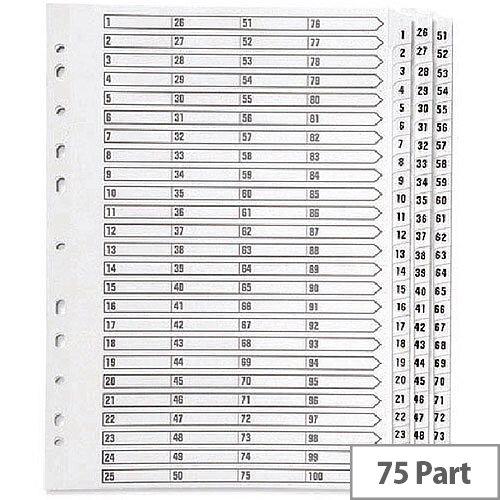 Index A4 Multi-Punched 1-75 Reinforced White Board Clear Tabbed Subject Dividers Q-Connect KF97058