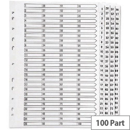 Index A4 Multi-Punched 1-100 Reinforced White Board Clear Tabbed Subject Dividers Q-Connect KF97059