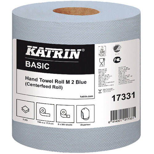 Katrin White Centrefeed 2 Ply Hand Towel Blue Pack of 6 17331 Katrin White Centrefeed 2 Ply Hand Towel Blue Pack of 6 17331
