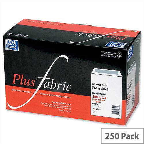 Plus Fabric White Envelopes C4 Press Seal Pocket 120gsm Pack 250 Plus Fabric White Envelopes C4 Press Seal Pocket 120gsm Pack 250