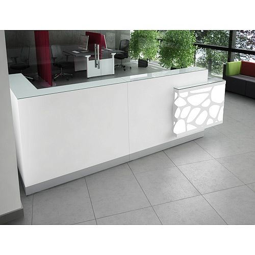 Organic Modern Illuminated White Corner Reception Desk with Right Decorative Element W3100mmxD1370mmxH1105mm