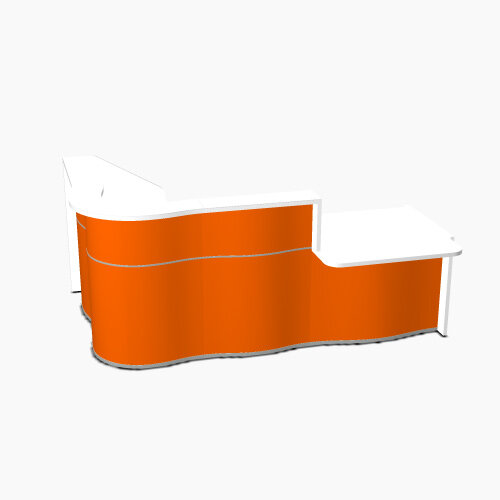 Wave Modern Design Curved Reception Desk White Counter Top with Right Low Level Section & High Gloss Orange Front W2560xD1605xH1103mm