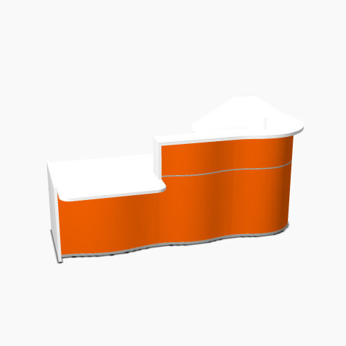 Wave Modern Design Curved Reception Desk White Counter Top with Left Low Level Section & High Gloss Orange Front W2560xD1605xH1103mm