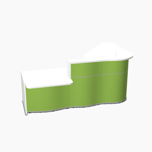 Wave Modern Design Curved Reception Desk White Counter Top with Left Low Level Section &High Gloss Dark Green Front W2560xD1605xH1103mm Wave Modern Design Curved Reception Desk White Counter Top with Left Low Level Section &High Gloss Dark Green Front W2560xD1605xH1103mm