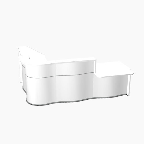 Wave Modern Design Curved Reception Desk White Counter Top with Right Low Level Section & High Gloss White Front W2780xD1825xH1103mm