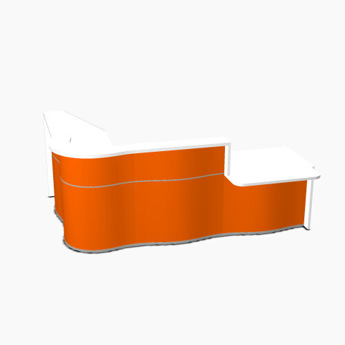 Wave Modern Design Curved Reception Desk White Counter Top with Right Low Level Section & High Gloss Orange Front W2780xD1825xH1103mm