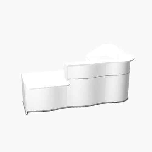 Wave Modern Design Curved Reception Desk White Counter Top with Left Low Level Section & High Gloss White Front W2780xD1825xH1103mm