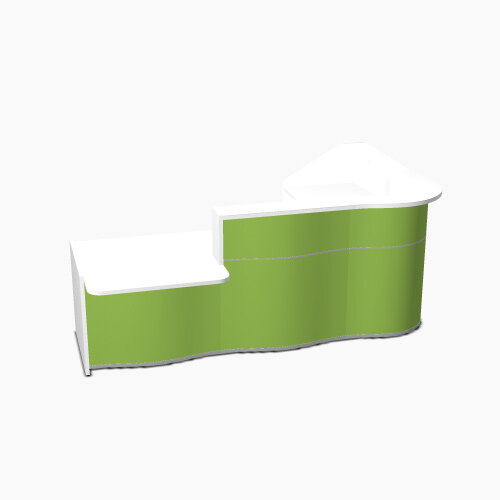 Wave Modern Design Curved Reception Desk White Counter Top with Left Low Level Section & High Gloss Dark Green Front W2780xD1825xH1103mm