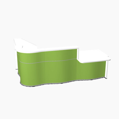 Wave Modern Design Curved Reception Desk White Counter Top with Right Low Level Section & High Gloss Dark Green Front W2780xD1807xH1103mm