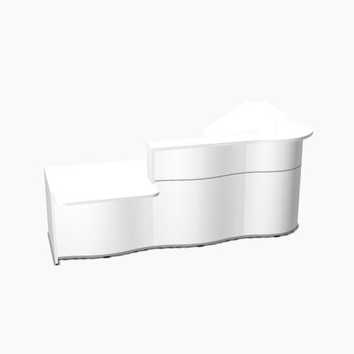 Wave Modern Design Curved Reception Desk White Counter Top with Left Low Level Section & High Gloss White Front W2780xD1807xH1103mm