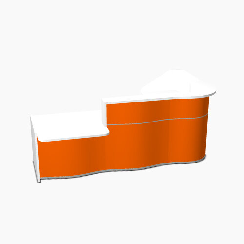 Wave Modern Design Curved Reception Desk White Counter Top with Left Low Level Section & High Gloss Orange Front W2780xD1807xH1103mm