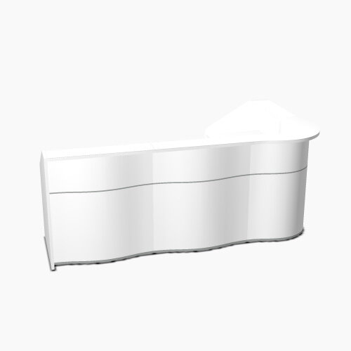 Wave Modern Design L-Shaped Reception Desk with White Counter Top & High Gloss White Front W2780xD1591xH1103mm