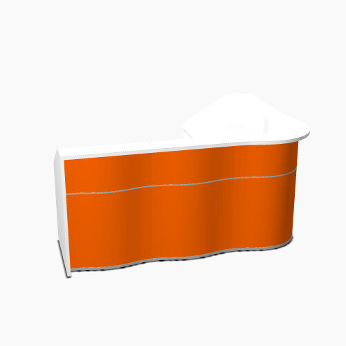 Wave Modern Design L-Shaped Reception Desk with White Counter Top & High Gloss Orange Front W2343xD1813xH1103mm