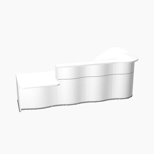 Wave Modern Design L-Shaped Reception Desk White Counter Top with Left Low Level Section & High Gloss White Front W3310xD1807xH1103mm