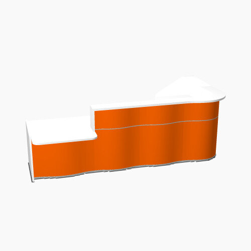 Wave Modern Design L-Shaped Reception Desk White Counter Top with Left Low Level Section & High Gloss Orange Front W3310xD1807xH1103mm