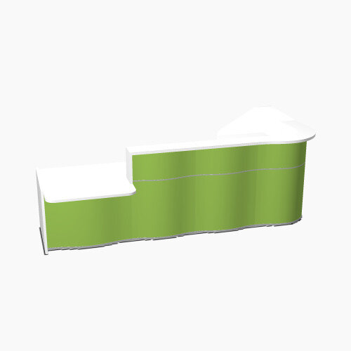 Wave Modern Design L-Shaped Reception Desk White Counter Top with Left Low Level Section & High Gloss Dark Green Front W3310xD1807xH1103mm