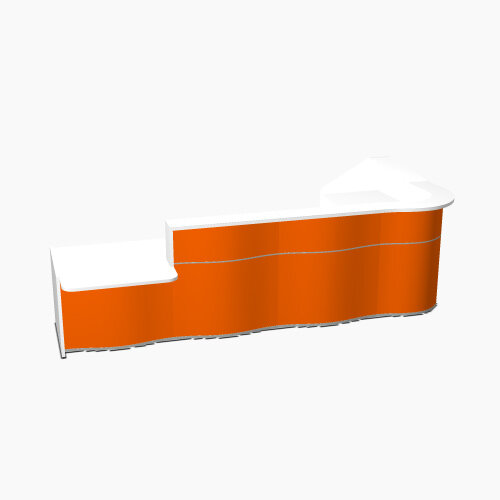 Wave Modern Design L-Shaped Reception Desk White Counter Top with Left Low Level Section & High Gloss Orange Front W3750xD1825xH1103mm