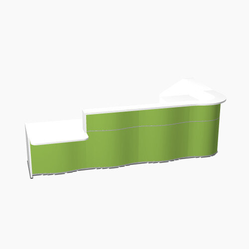 Wave Modern Design L-Shaped Reception Desk White Counter Top with Left Low Level Section & High Gloss Dark Green Front W3750xD1825xH1103mm