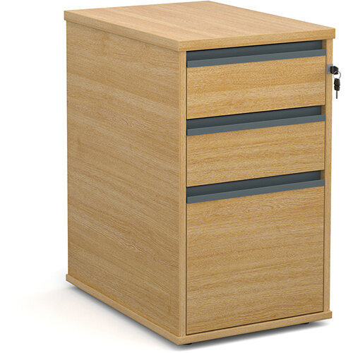 Desk high 3 drawer pedestal with graphite finger pull handles 600mm deep - oak