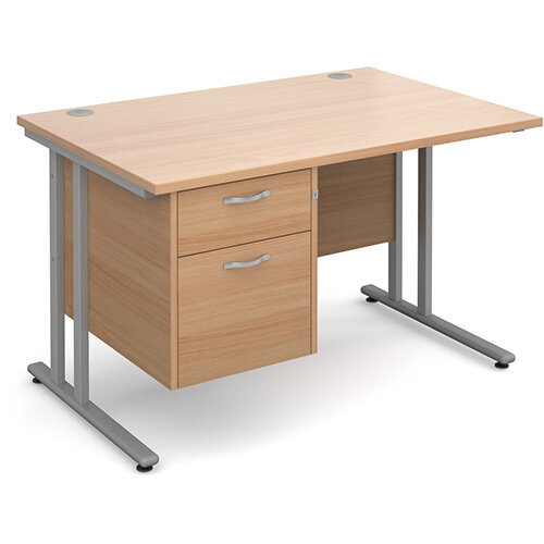 Maestro 25 SL straight desk with 2 drawer pedestal 1200mm - silver cantilever frame, beech top Maestro 25 SL straight desk with 2 drawer pedestal 1200mm - silver cantilever frame, beech top