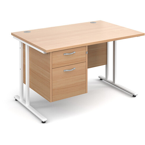 Maestro 25 WL straight desk with 2 drawer pedestal 1200mm - white cantilever frame, beech top Maestro 25 WL straight desk with 2 drawer pedestal 1200mm - white cantilever frame, beech top