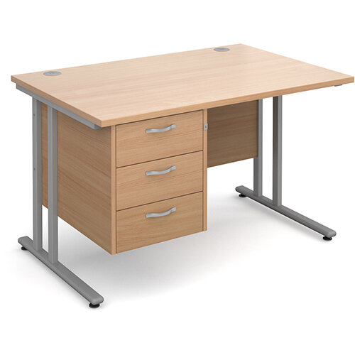 Maestro 25 SL straight desk with 3 drawer pedestal 1200mm - silver cantilever frame, beech top Maestro 25 SL straight desk with 3 drawer pedestal 1200mm - silver cantilever frame, beech top